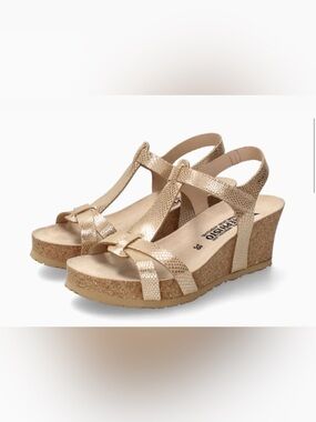 Mephisto Liviane Metallic Gold Wedge Sandals - Women's T-Strap Cork Platform